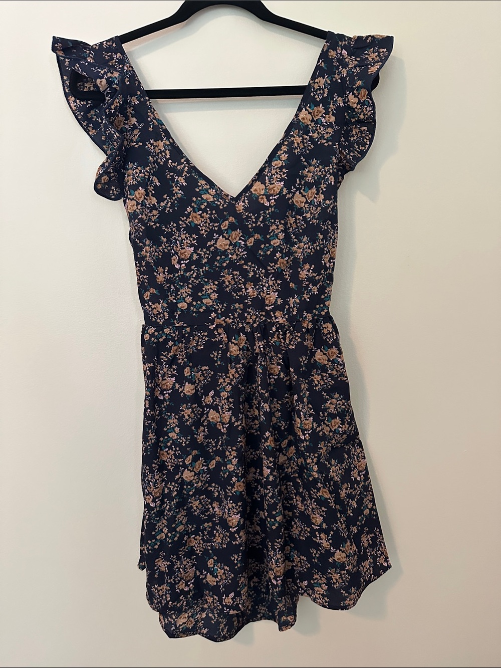 Cupshe Navy Mini Dress with Tan Floral Ruffles